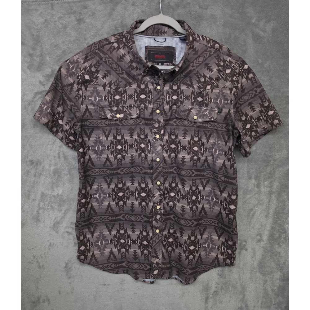 Rock & Roll Denim Mens Aztec Western Snap Shirt Brown Grey Medium